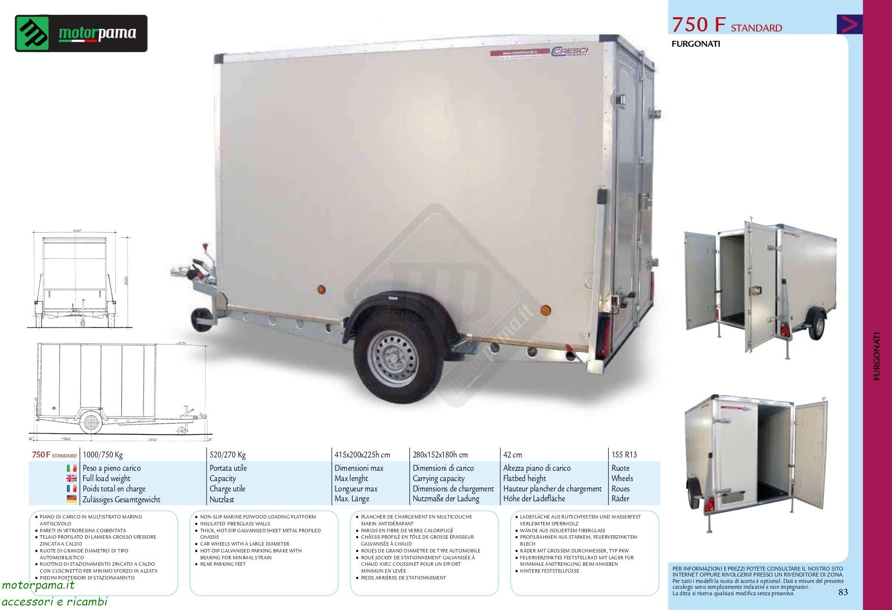 Rimorchi per trasporto Auto e Motoslitta: Carrello Cresci Rimorchi 750F ...
