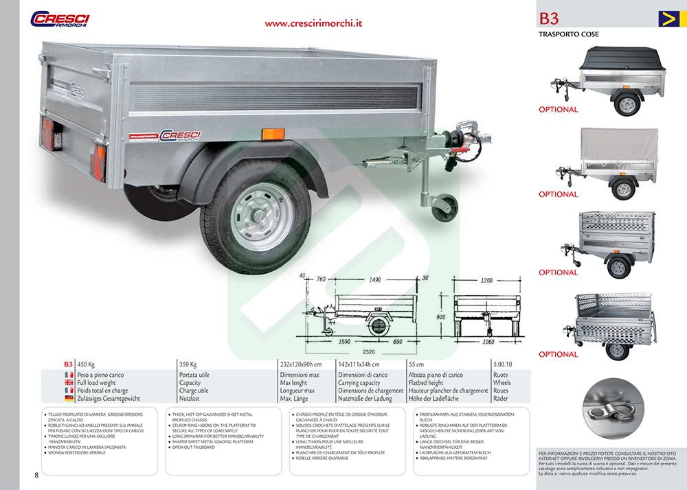 Rimorchi per trasporto cose: Carrello Cresci Rimorchi B3 - 450 kg con ...